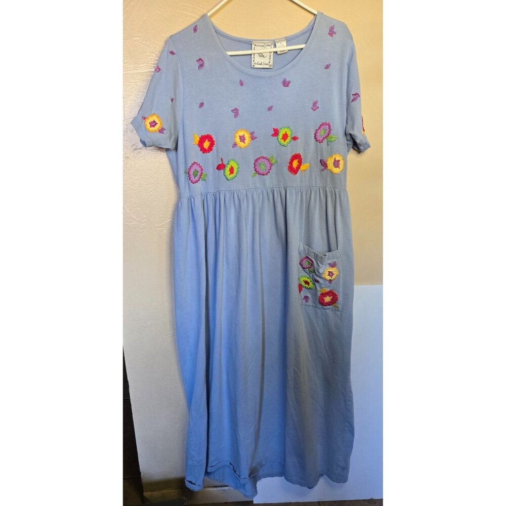 Michael Simon Vintage Embroidered Floral Design Boat Neck Short Sleeve Cotton Lg